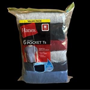 Hanes Men’s Tagless Pocket Ts Size Medium 6 pack